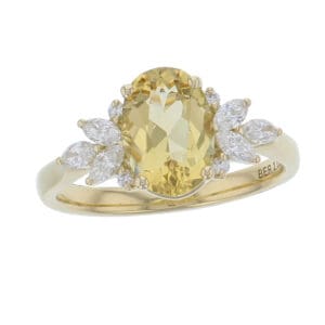 18ct yellow gold ladies oval cut golden beryl & diamond designer ring designed & hand crafted by Faller of Derry/ Londonderry, shoulder set dress ring