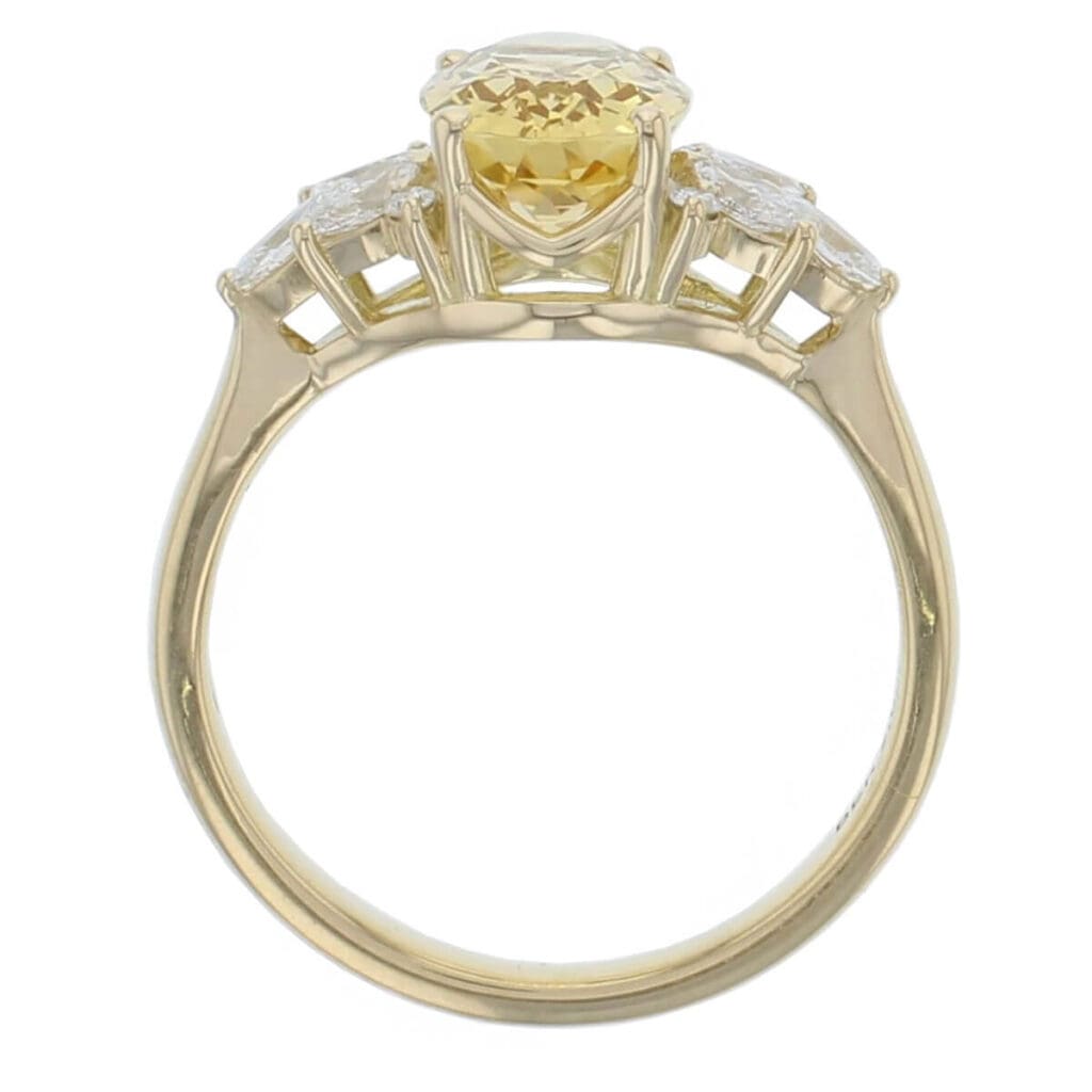 18ct yellow gold ladies oval cut golden beryl & diamond designer ring designed & hand crafted by Faller of Derry/ Londonderry, shoulder set dress ring