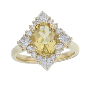 18ct yellow gold ladies oval cut golden beryl & diamond designer ring designed & hand crafted by Faller of Derry/ Londonderry, cluster/halo dress ring