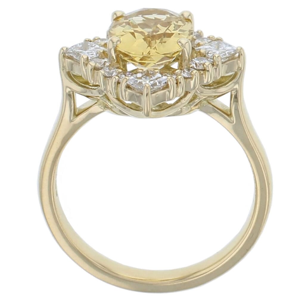 18ct yellow gold ladies oval cut golden beryl & diamond designer ring designed & hand crafted by Faller of Derry/ Londonderry, cluster/halo dress ring