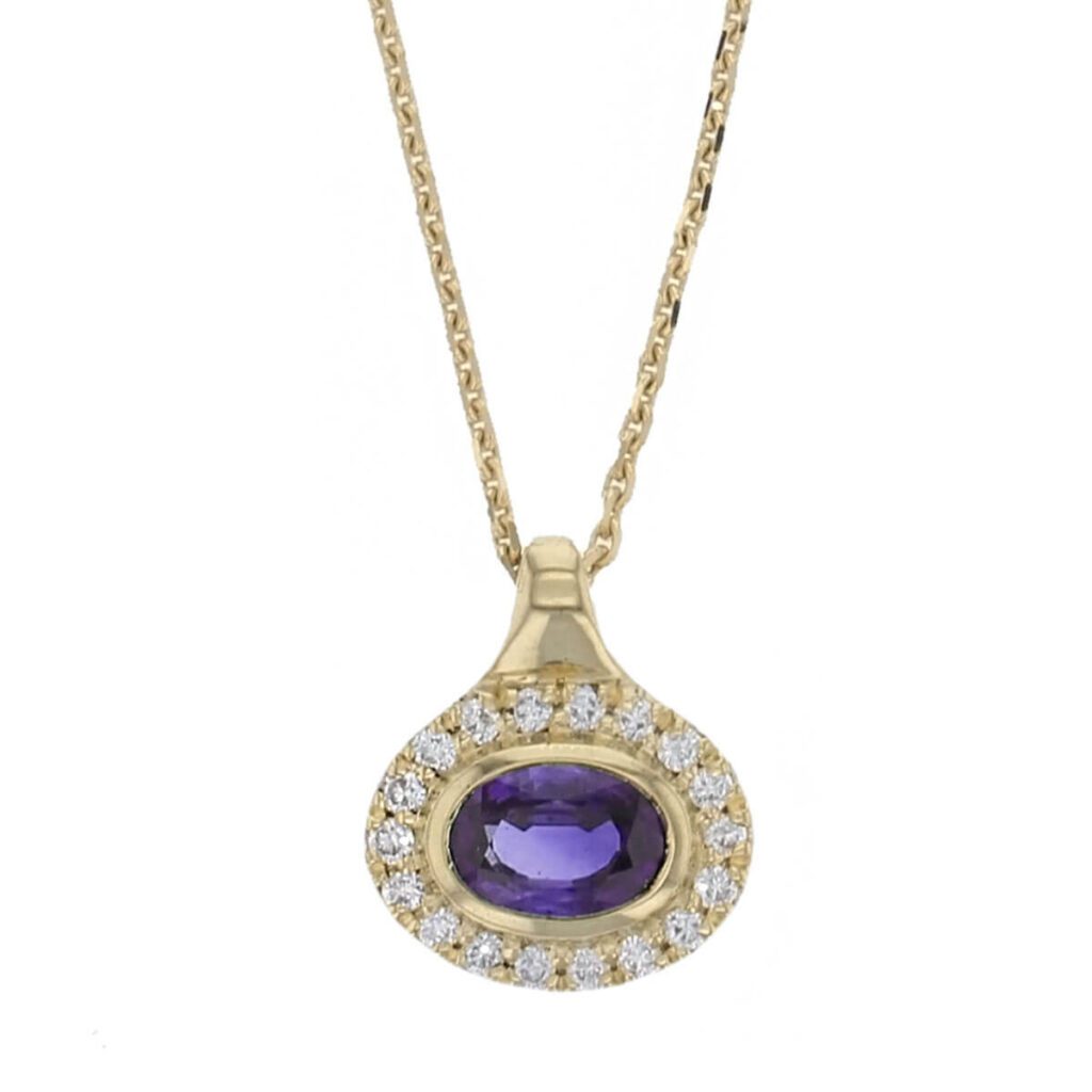 Faller oval cut amethyst gemstone & diamond halo 18ct yellow gold ladies pendant with chain, 18kt, designer, handmade by Faller, Derry/ Londonderry, hand crafted, precious amethyst gem jewellery, jewelry