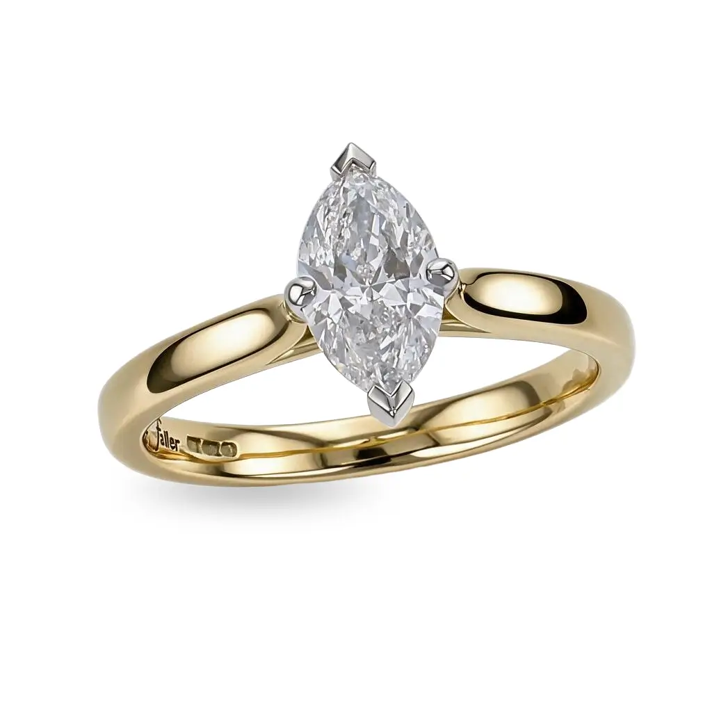 marquise cut diamond solitaire engagement ring, platinum & 18ct yellow gold, 18kt, designer, handmade by Faller, hand crafted, betrothal, promise, precious jewellery, jewelry, hand crafted, GIA certified, , G.I.A. GIA, 4 claw setting