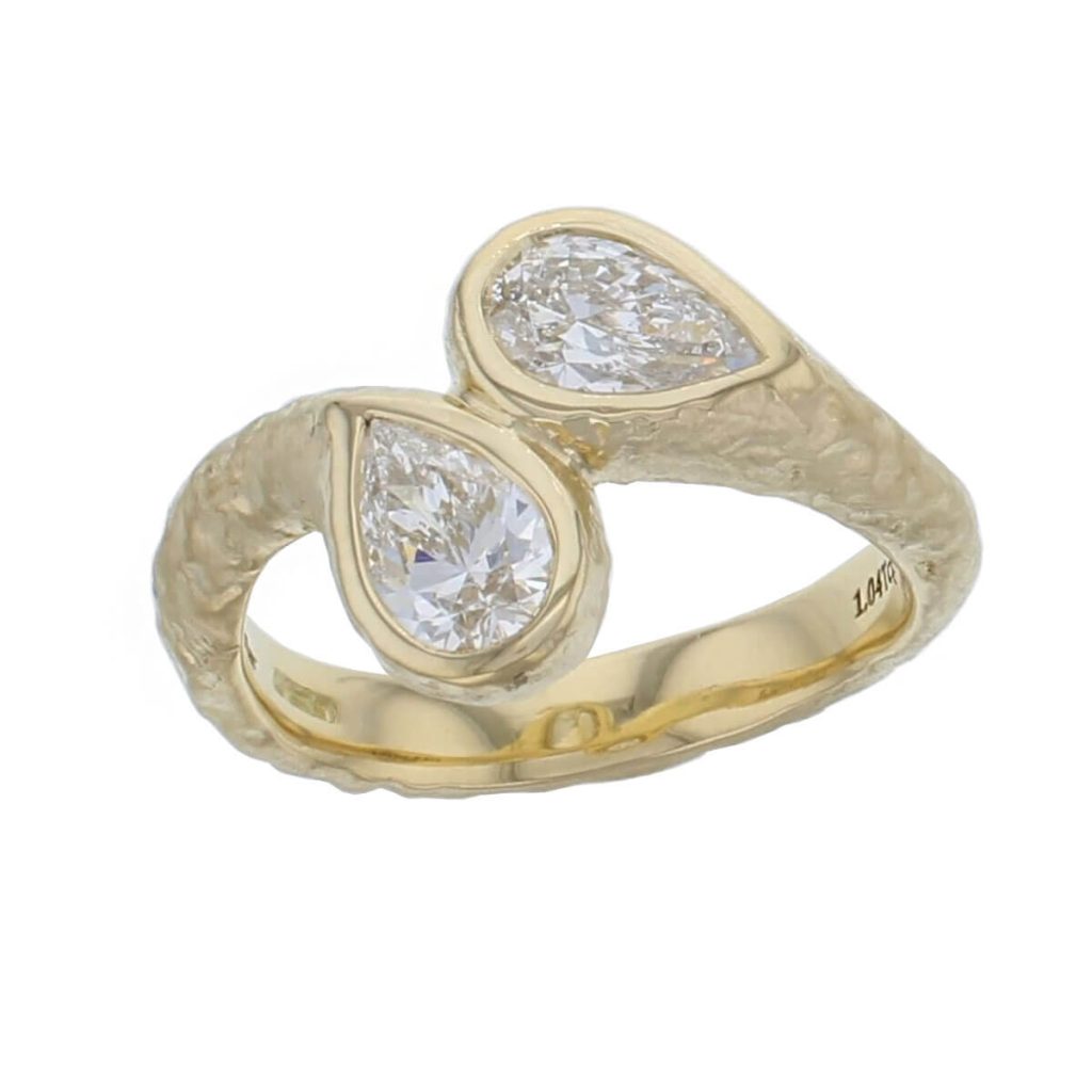 18ct yellow gold pear cut natural diamond designer two stone dress ring handmade by Faller, hand crafted, precious jewellery, jewelry, ladies, woman