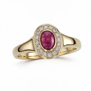 18ct yellow gold ladies oval cut cabochon ruby & diamond designer cluster ring designed & hand crafted by Faller of Derry/ Londonderry, halo dress ring, precious gem jewellery, jewelry