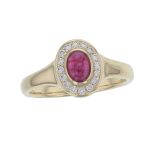 18ct yellow gold ladies oval cut cabochon ruby & diamond designer cluster ring designed & hand crafted by Faller of Derry/ Londonderry, halo dress ring, precious gem jewellery, jewelry