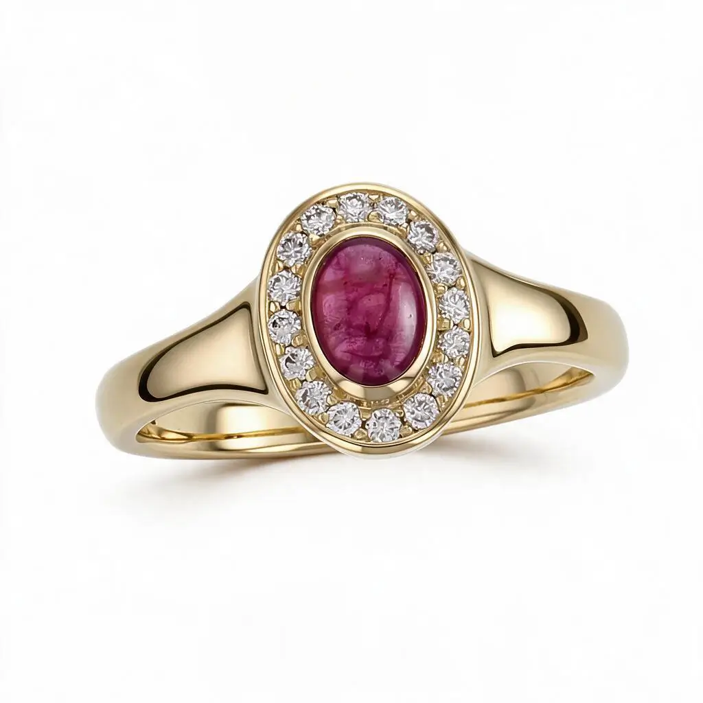 18ct yellow gold ladies oval cut cabochon ruby & diamond designer cluster ring designed & hand crafted by Faller of Derry/ Londonderry, halo dress ring, precious gem jewellery, jewelry