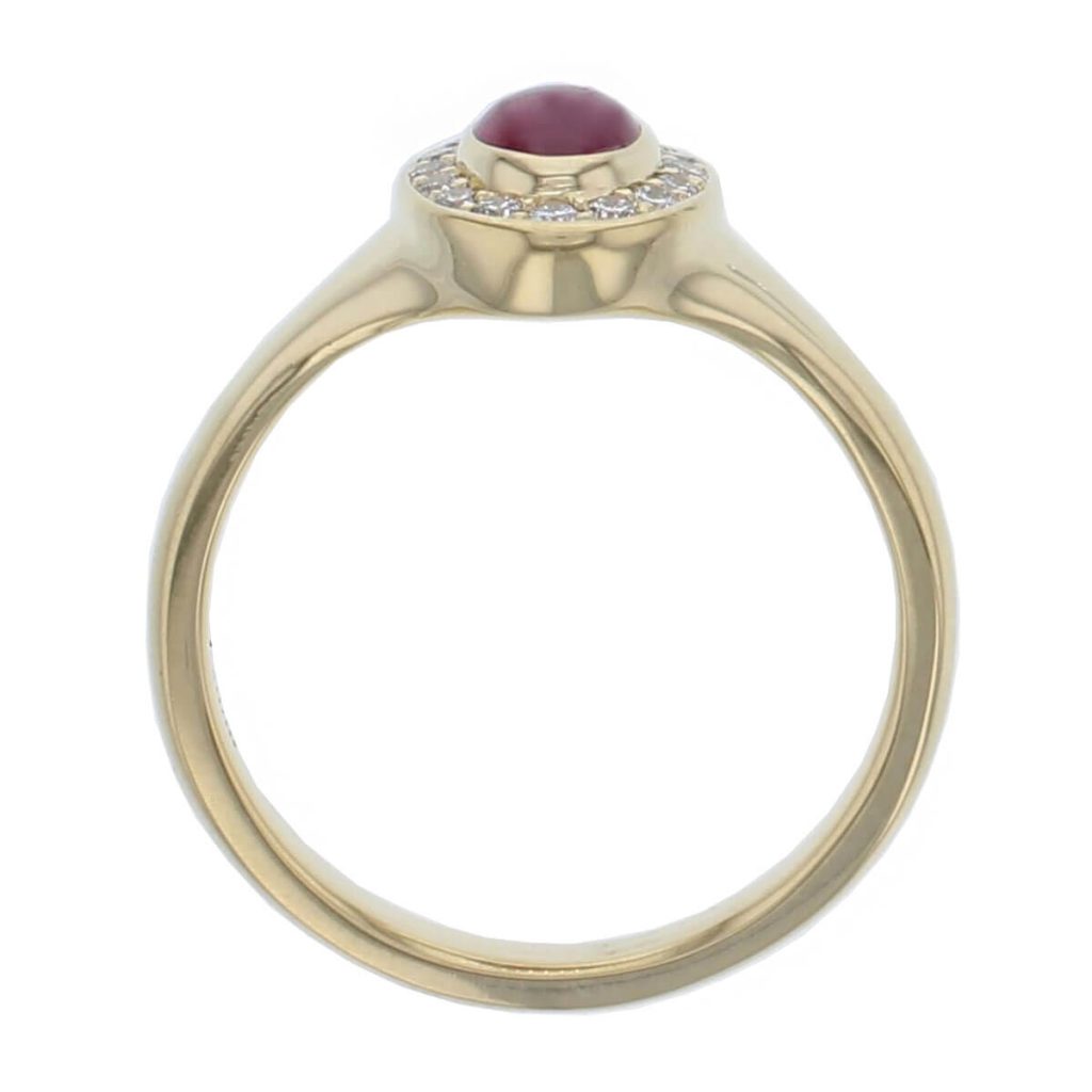 18ct yellow gold ladies oval cut ruby & diamond designer cluster ring designed & hand crafted by Faller of Derry/ Londonderry, halo dress ring, precious gem jewellery, jewelry