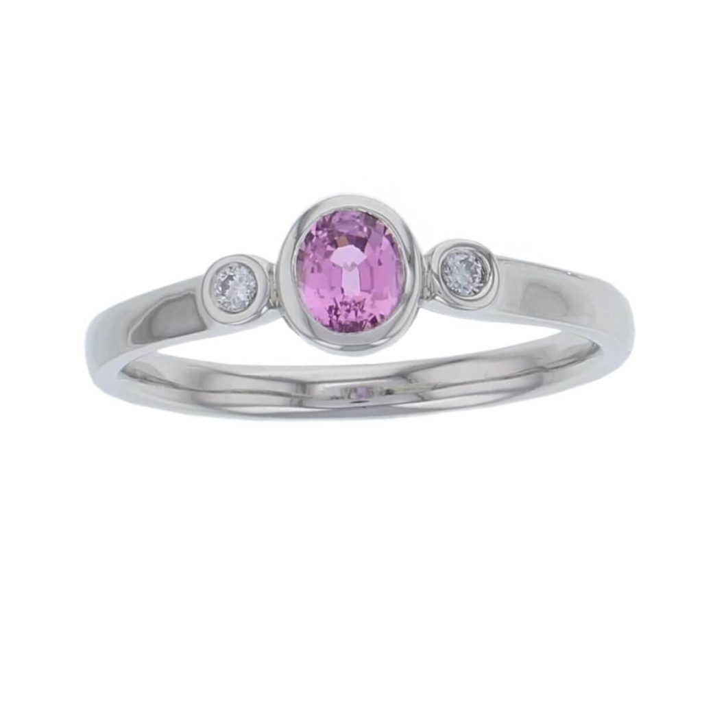 platinum round brilliant cut diamond & oval cut pink sapphire trilogy ring designer three stone dress ring handmade by Faller, hand crafted, precious jewellery, jewelry, ladies , woman