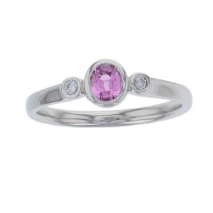 platinum round brilliant cut diamond & oval cut pink sapphire trilogy ring designer three stone dress ring handmade by Faller, hand crafted, precious jewellery, jewelry, ladies , woman