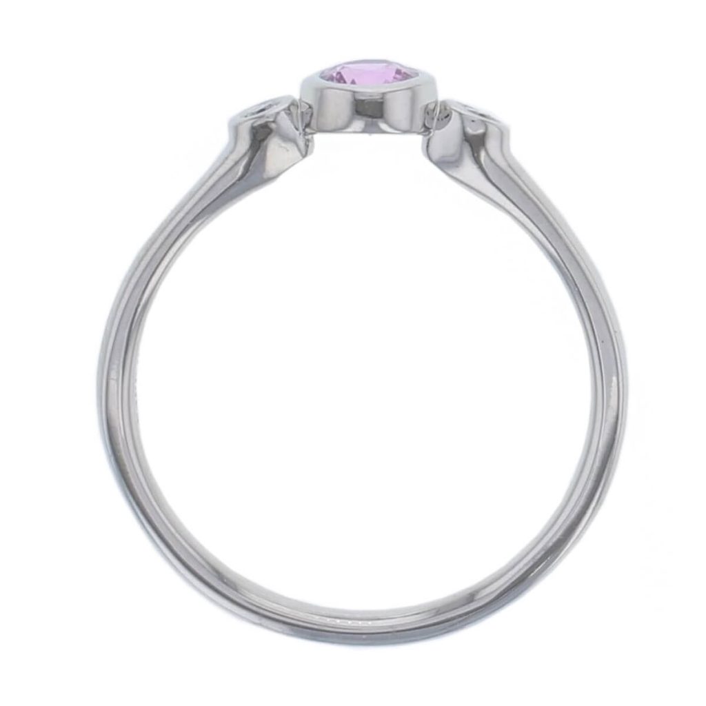 platinum round brilliant cut diamond & oval cut pink sapphire trilogy ring designer three stone dress ring handmade by Faller, hand crafted, precious jewellery, jewelry, ladies , woman