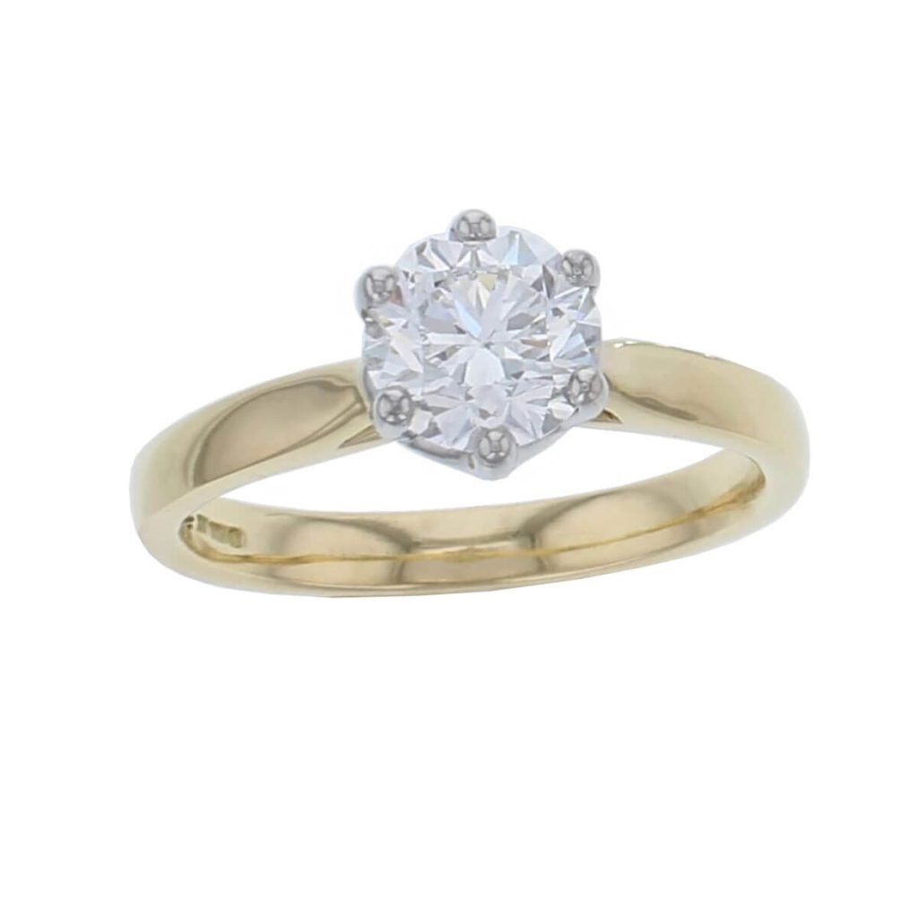 round brilliant cut diamond solitaire engagement ring, platinum & 18ct yellow gold, 18kt, designer, handmade by Faller, hand crafted, betrothal, promise, precious jewellery, jewelry, hand crafted, GIA certified, , G.I.A. GIA, 6 claw setting