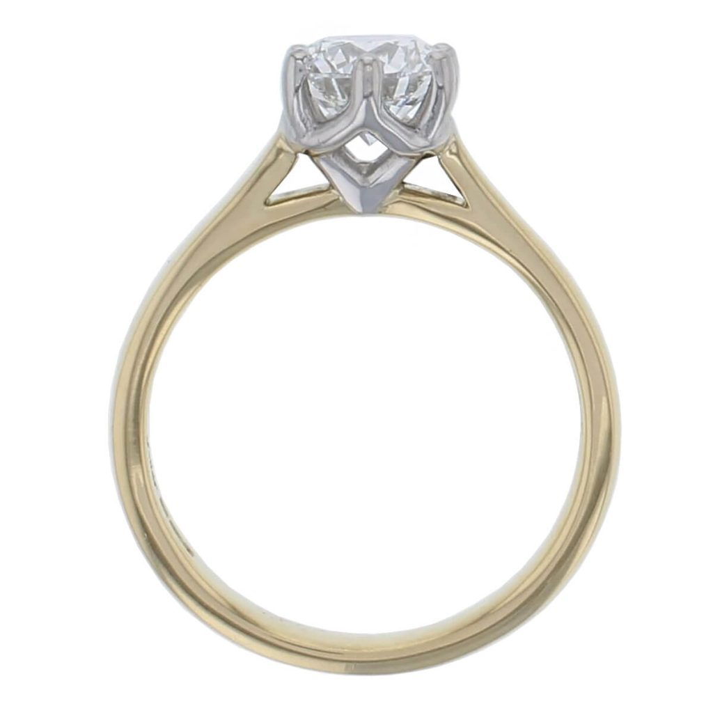round brilliant cut diamond solitaire engagement ring, platinum & 18ct yellow gold, 18kt, designer, handmade by Faller, hand crafted, betrothal, promise, precious jewellery, jewelry, hand crafted, GIA certified, , G.I.A. GIA, 6 claw setting