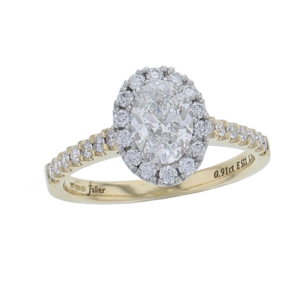 oval cut diamond cluster engagement ring, 18ct yellow gold, platinum, designer, handmade by Faller, hand crafted, betrothal, promise, precious jewellery, jewelry, hand crafted dress ring