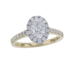 oval cut diamond cluster engagement ring, 18ct yellow gold, platinum, designer, handmade by Faller, hand crafted, betrothal, promise, precious jewellery, jewelry, hand crafted dress ring