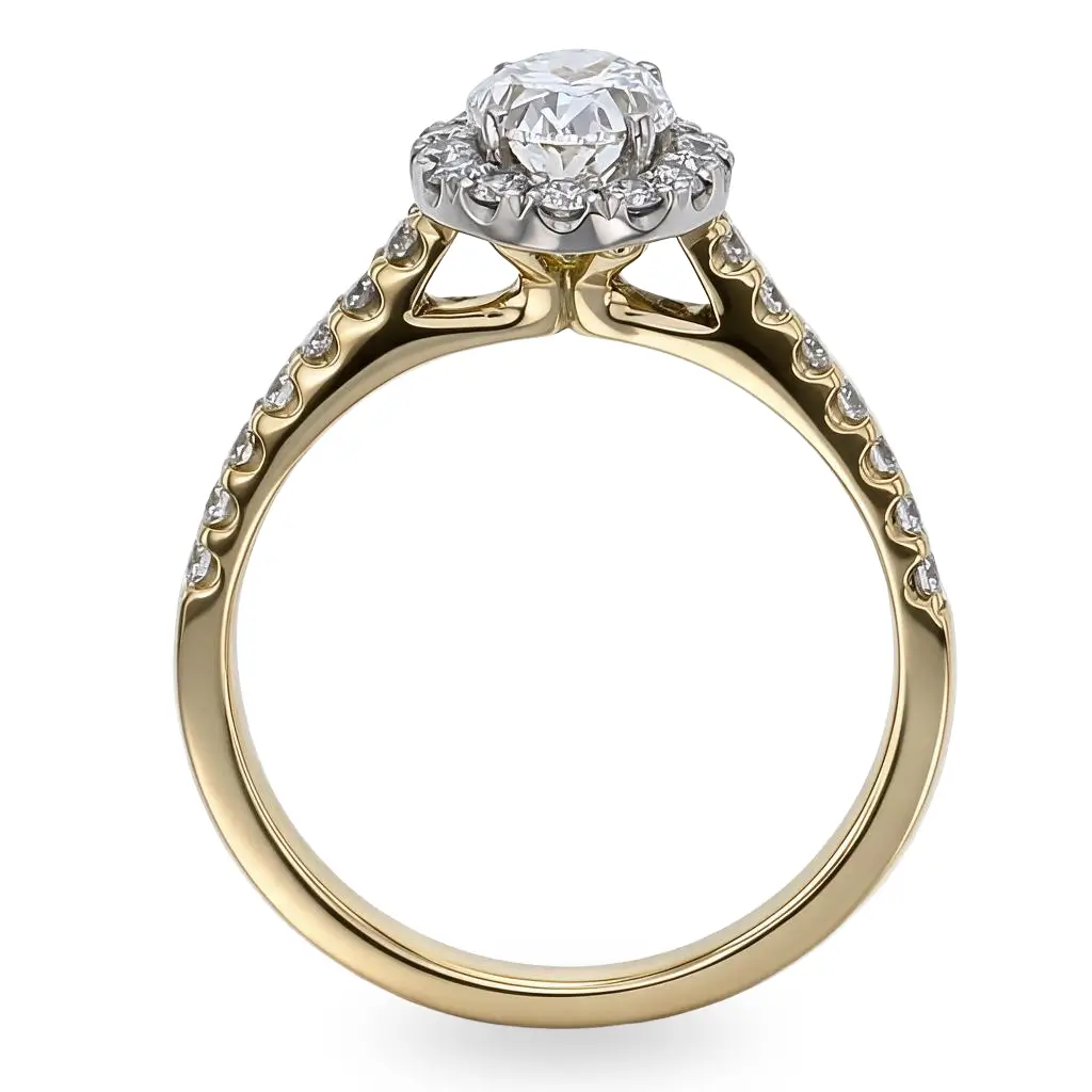 oval cut diamond cluster engagement ring, 18ct yellow gold, platinum, designer, handmade by Faller, hand crafted, betrothal, promise, precious jewellery, jewelry, hand crafted dress ring