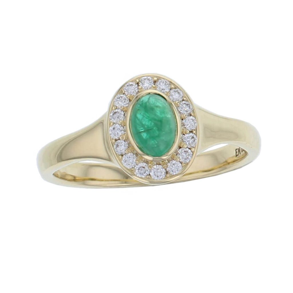 18ct yellow gold ladies oval cut cabochon emerald & diamond designer cluster ring designed & hand crafted by Faller of Derry/ Londonderry, halo dress ring, precious gem jewellery, jewelry
