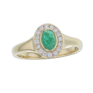 18ct yellow gold ladies oval cut cabochon emerald & diamond designer cluster ring designed & hand crafted by Faller of Derry/ Londonderry, halo dress ring, precious gem jewellery, jewelry