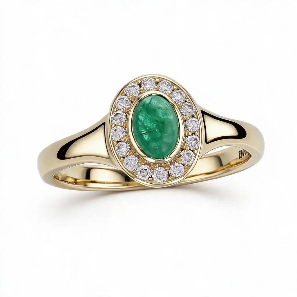18ct yellow gold ladies oval cut cabochon emerald & diamond designer cluster ring designed & hand crafted by Faller of Derry/ Londonderry, halo dress ring, precious gem jewellery, jewelry