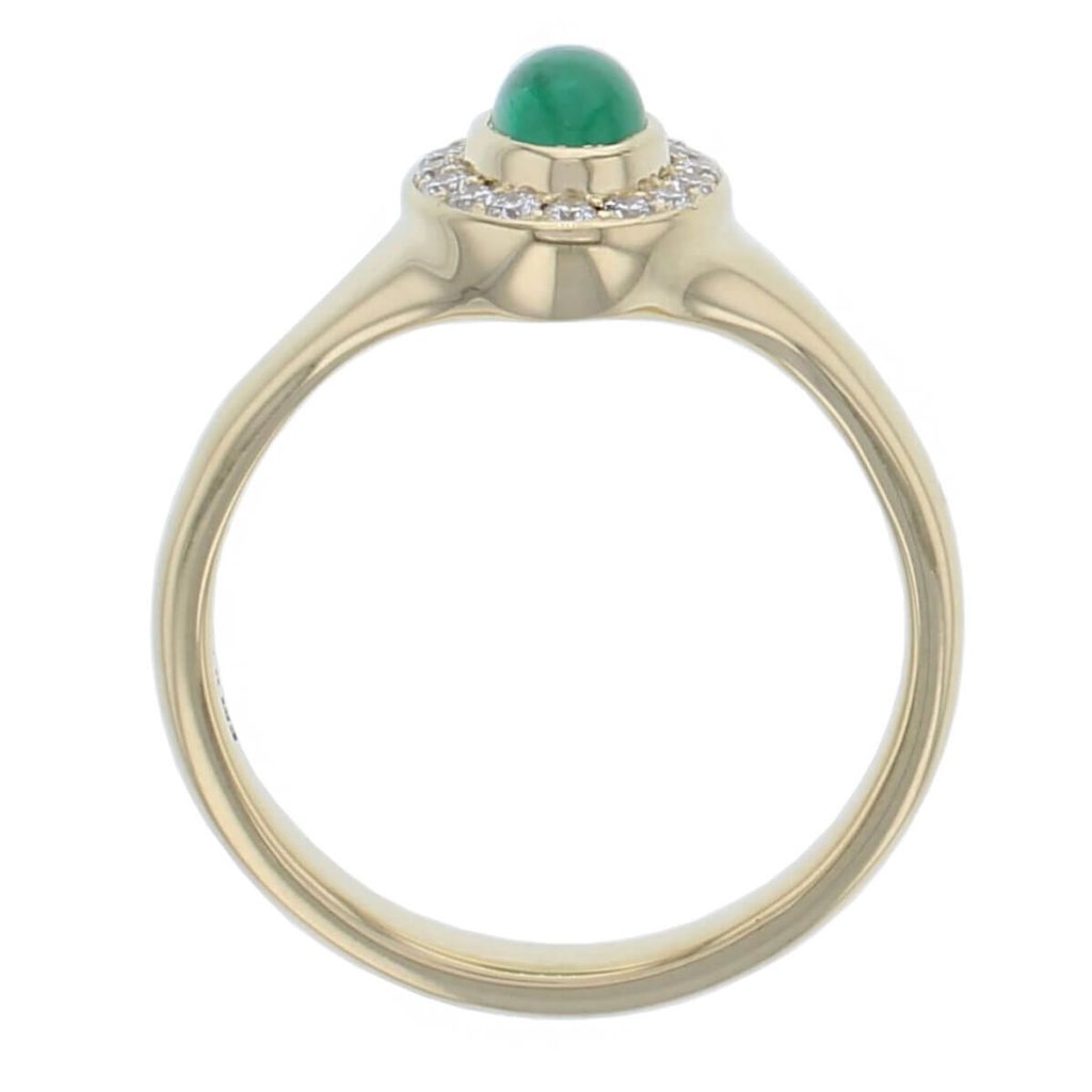 18ct yellow gold ladies oval cut cabochon emerald & diamond designer cluster ring designed & hand crafted by Faller of Derry/ Londonderry, halo dress ring, precious gem jewellery, jewelry