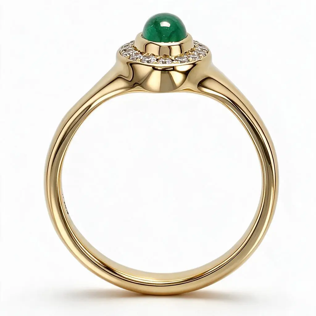18ct yellow gold ladies oval cut cabochon emerald & diamond designer cluster ring designed & hand crafted by Faller of Derry/ Londonderry, halo dress ring, precious gem jewellery, jewelry