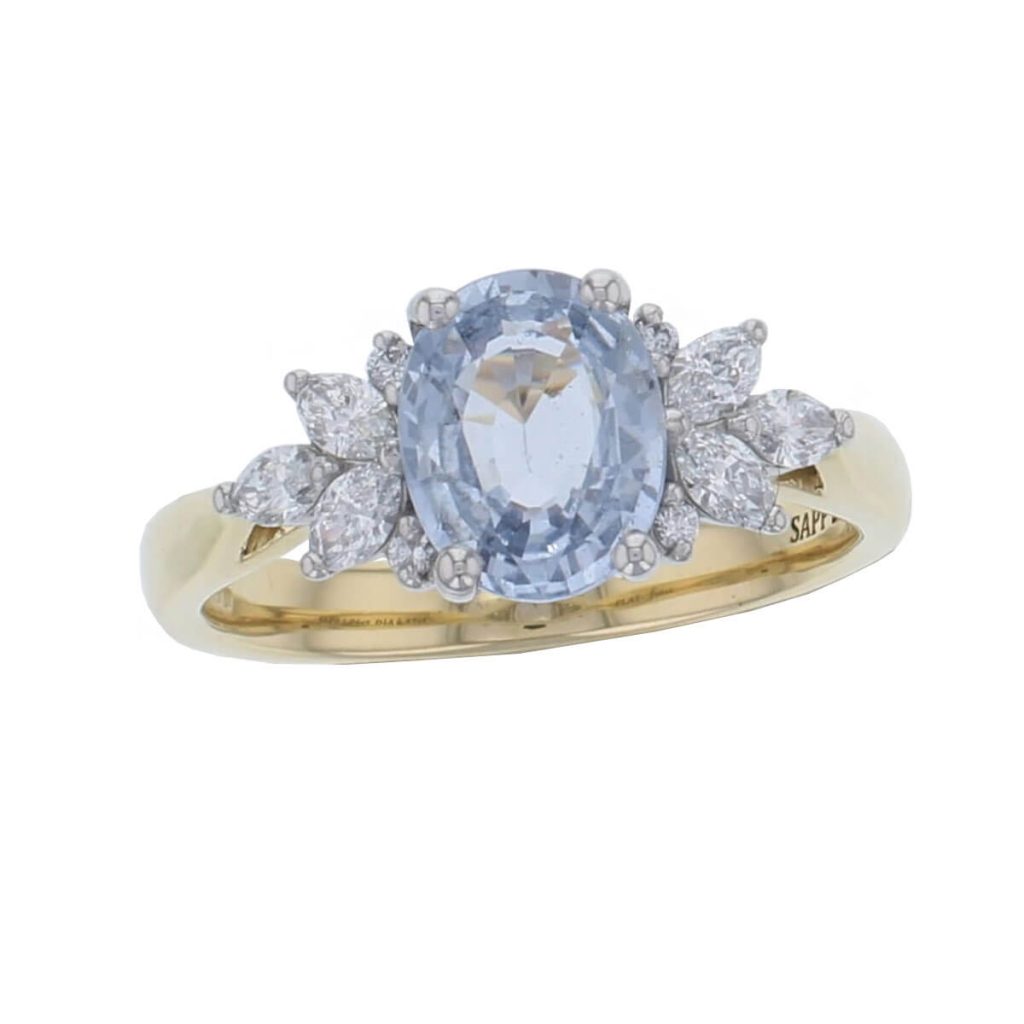 18ct yellow gold & platinum ladies oval cut blue sapphire & diamond designer ring designed & hand crafted by Faller of Derry/ Londonderry, shoulder set dress ring