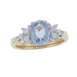18ct yellow gold & platinum ladies oval cut blue sapphire & diamond designer ring designed & hand crafted by Faller of Derry/ Londonderry, shoulder set dress ring
