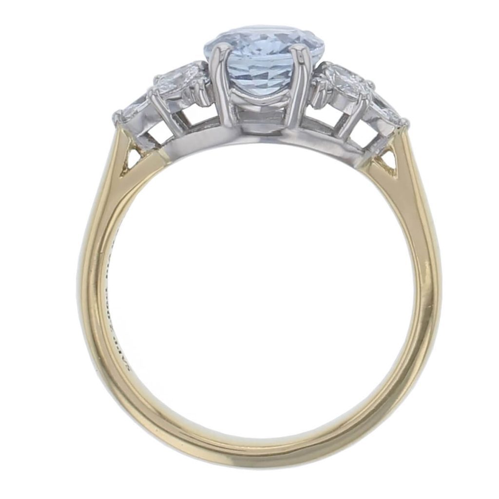 18ct yellow gold & platinum ladies oval cut blue sapphire & diamond designer ring designed & hand crafted by Faller of Derry/ Londonderry, shoulder set dress ring