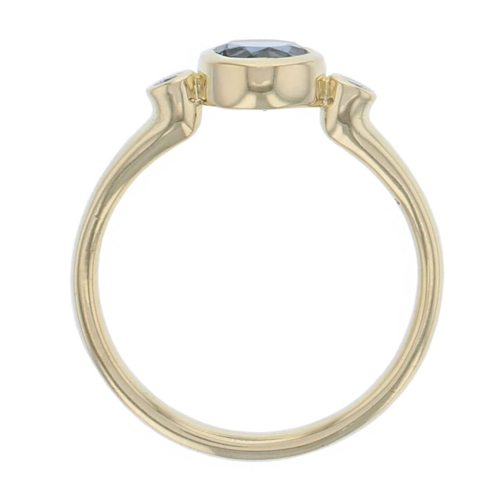 18ct yellow gold round brilliant cut diamond & round cut London blue topaz trilogy ring designer three stone dress ring handmade by Faller, hand crafted, precious jewellery, jewelry, ladies, woman