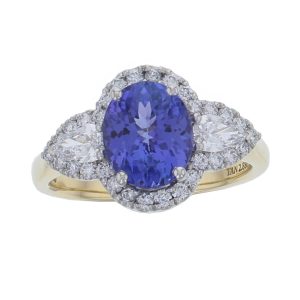 platinum & 18ct yellow gold ladies oval cut tanzanite & diamond designer cluster ring designed & hand crafted by Faller of Derry/ Londonderry, halo dress ring, precious gem jewellery, jewelry