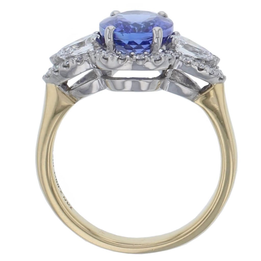 platinum & 18ct yellow gold ladies oval cut tanzanite & diamond designer cluster ring designed & hand crafted by Faller of Derry/ Londonderry, halo dress ring, precious gem jewellery, jewelry