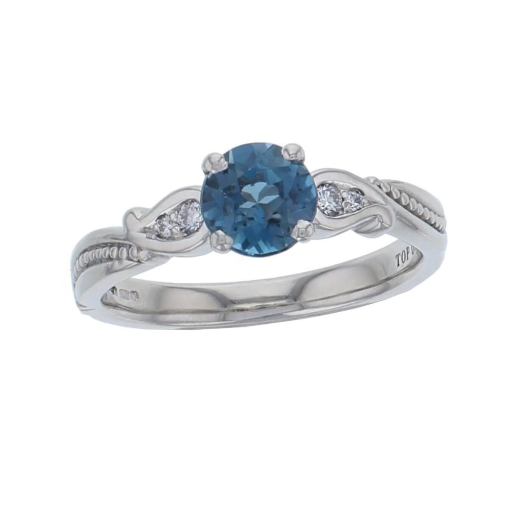 alternative engagement ring, platinum ladies round cut blue topaz & diamond designer multi stone engagement ring designed & hand crafted by Faller of Derry/ Londonderry, dress ring, precious gem jewellery, jewelry, shoulder set, vintage, art nouveau, filigree