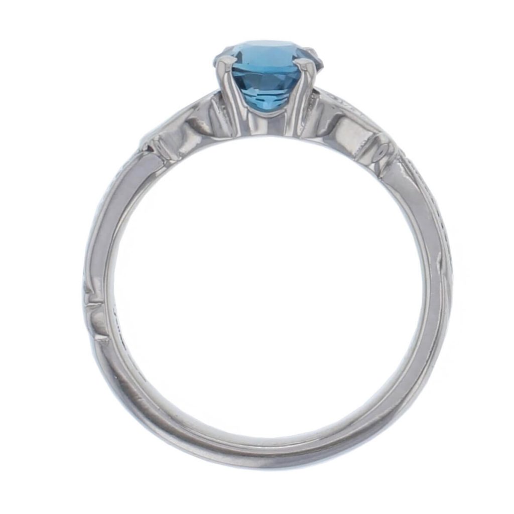 alternative engagement ring, platinum ladies round cut blue topaz & diamond designer multi stone engagement ring designed & hand crafted by Faller of Derry/ Londonderry, dress ring, precious gem jewellery, jewelry, shoulder set, vintage, art nouveau, filigree