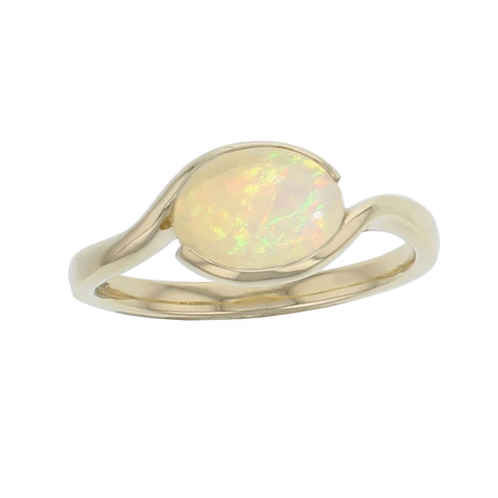 18ct yellow gold oval cabochon cut opal gemstone ladies dress ring, designer jewellery, gem, jewelry, handmade by Faller, Londonderry, Northern Ireland, Irish hand crafted