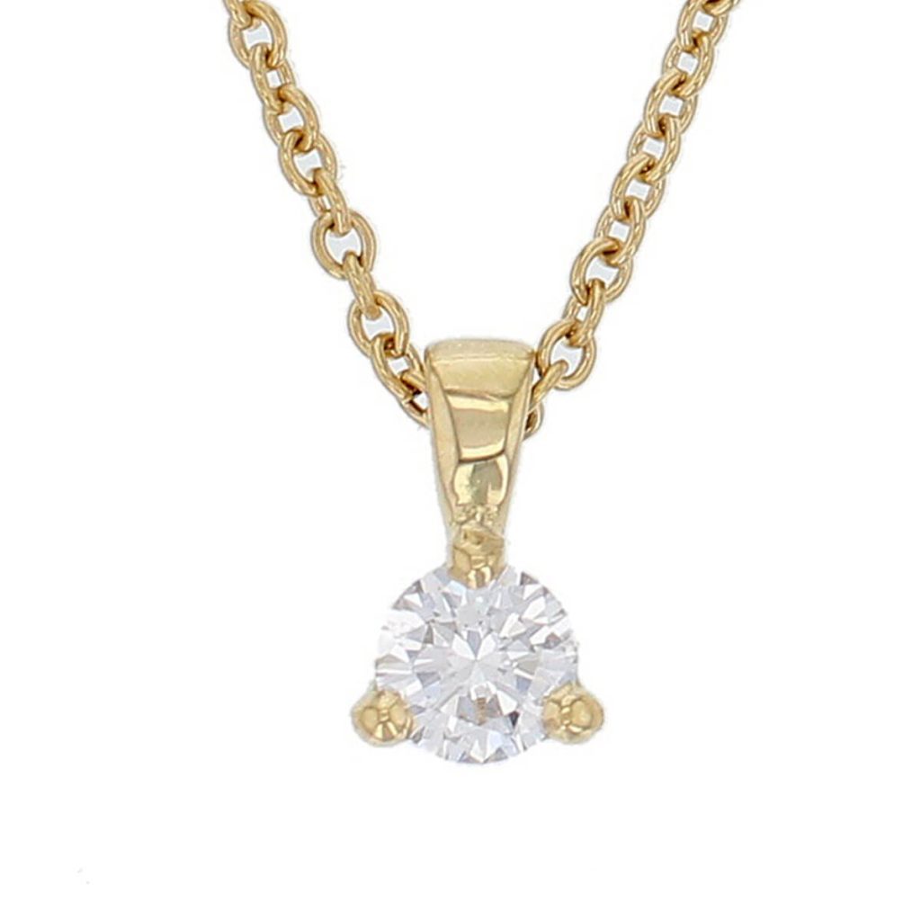 Faller round brilliant cut 3 claw set diamond 18ct yellow gold ladies solitaire pendant with chain, 18kt, designer, handmade by Faller, Derry/ Londonderry, hand crafted, precious jewellery, jewelry