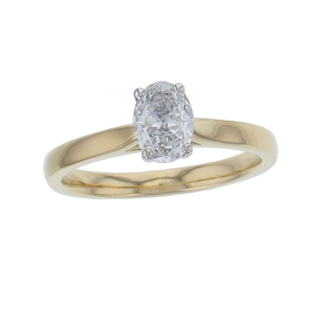 oval cut diamond solitaire engagement ring, platinum & 18ct yellow gold, 18kt, designer, handmade by Faller, hand crafted, betrothal, promise, precious jewellery, jewelry, hand crafted, GIA certified, , G.I.A. GIA, 4 claw setting
