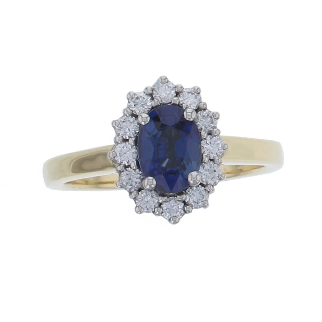 18ct yellow gold & platinum ladies oval cut royal blue sapphire & diamond designer cluster engagement ring designed & hand crafted by Faller of Derry/ Londonderry, halo dress ring, precious gem jewellery, jewelry