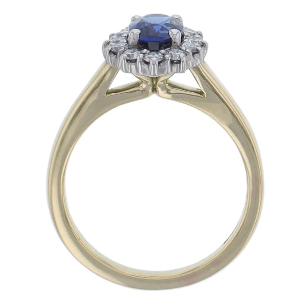 18ct yellow gold & platinum ladies oval cut royal blue sapphire & diamond designer cluster engagement ring designed & hand crafted by Faller of Derry/ Londonderry, halo dress ring, precious gem jewellery, jewelry