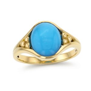 18ct yellow gold oval cabochon cut blue turquoise gemstone ladies dress ring, designer jewellery, gem, jewelry, handmade by Faller, Londonderry, Northern Ireland, Irish hand crafted