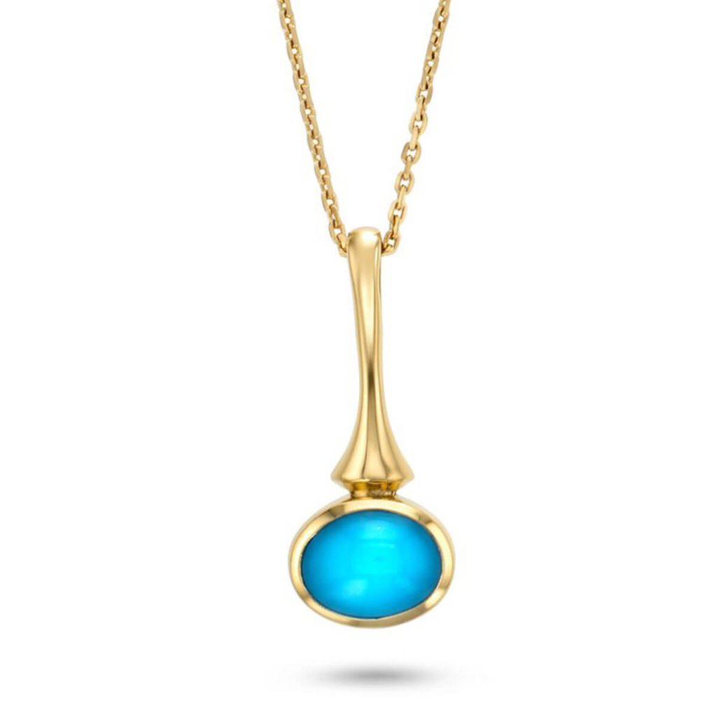 18ct yellow gold blue oval cut cabochon turquoise gemstone pendant, designer jewellery, jewelry, handmade by Faller, Londonderry, Northern Ireland, Irish hand crafted