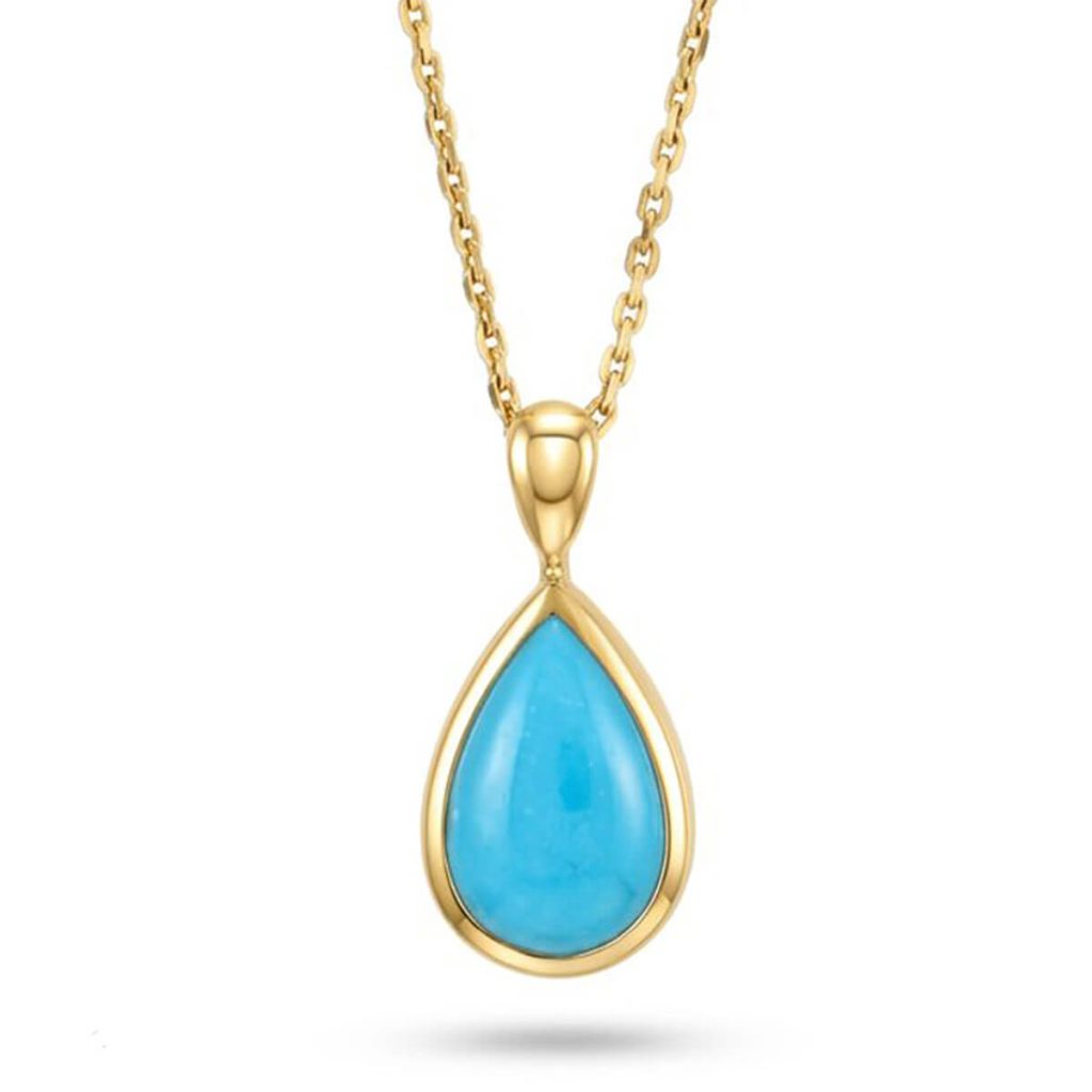 18ct yellow gold blue pear cut cabochon turquoise gemstone pendant, designer jewellery, jewelry, handmade by Faller, Londonderry, Northern Ireland, Irish hand crafted