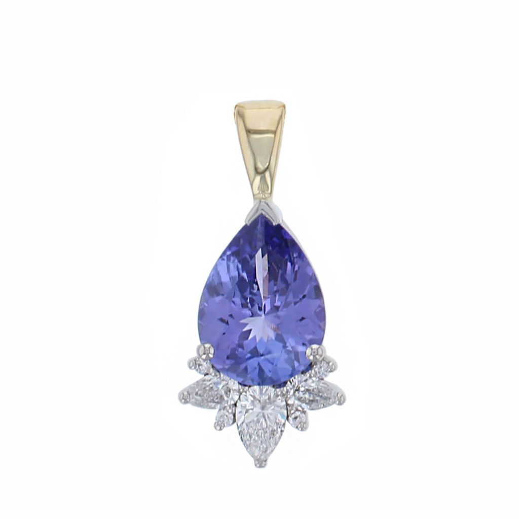 18ct yellow gold & platinum ladies pear cut tanzanite & diamond designer pendant designed & hand crafted by Faller of Derry/ Londonderry, precious blue gem jewellery, jewelry,