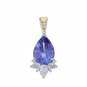 18ct yellow gold & platinum ladies pear cut tanzanite & diamond designer pendant designed & hand crafted by Faller of Derry/ Londonderry, precious blue gem jewellery, jewelry,