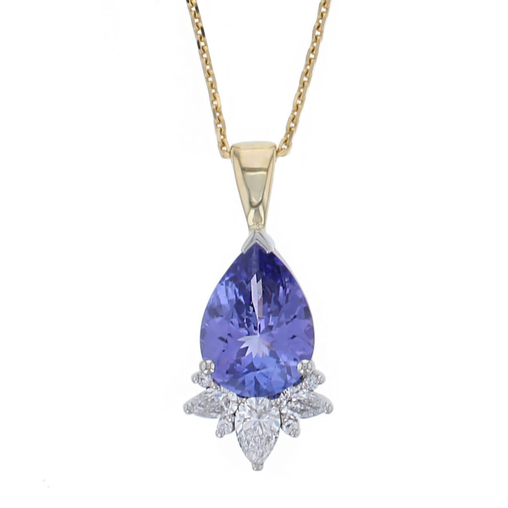 18ct yellow gold & platinum ladies pear cut tanzanite & diamond designer pendant designed & hand crafted by Faller of Derry/ Londonderry, precious blue gem jewellery, jewelry,