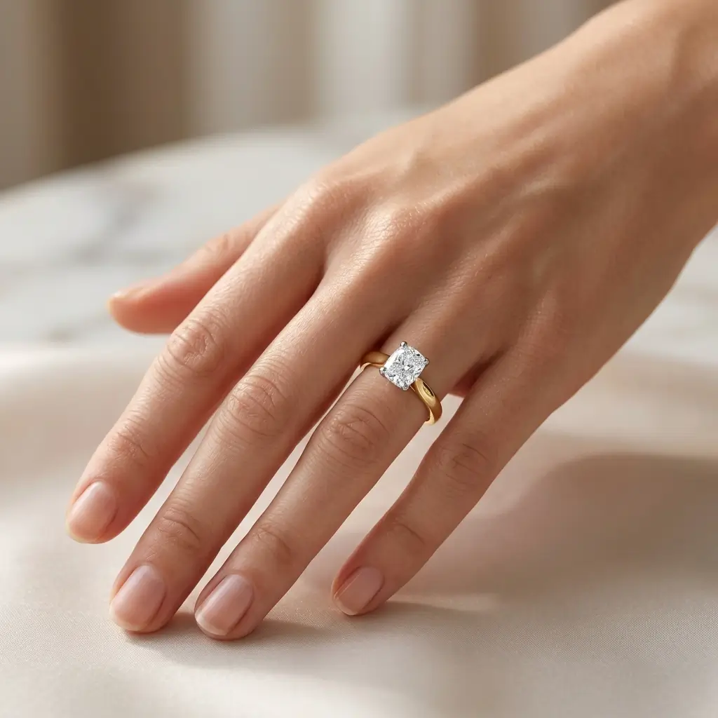 cushion cut diamond solitaire engagement ring, platinum & 18ct yellow gold, 18kt, designer, handmade by Faller, hand crafted, betrothal, promise, precious jewellery, jewelry, hand crafted, GIA certified, , G.I.A. GIA, 4 claw setting
