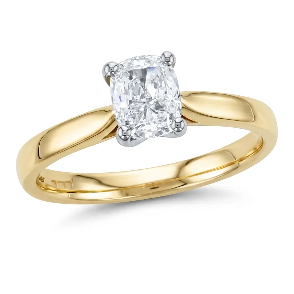 cushion cut diamond solitaire engagement ring, platinum & 18ct yellow gold, 18kt, designer, handmade by Faller, hand crafted, betrothal, promise, precious jewellery, jewelry, hand crafted, GIA certified, , G.I.A. GIA, 4 claw setting