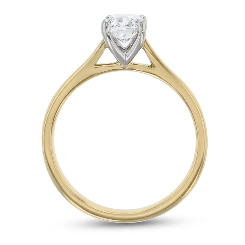 cushion cut diamond solitaire engagement ring, platinum & 18ct yellow gold, 18kt, designer, handmade by Faller, hand crafted, betrothal, promise, precious jewellery, jewelry, hand crafted, GIA certified, , G.I.A. GIA, 4 claw setting