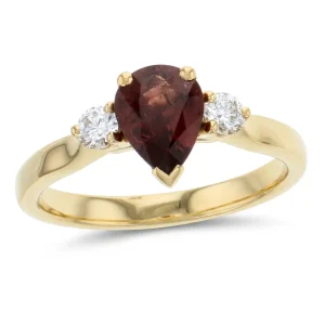 18ct yellow gold ladies red sapphire & diamond designer trilogy ring