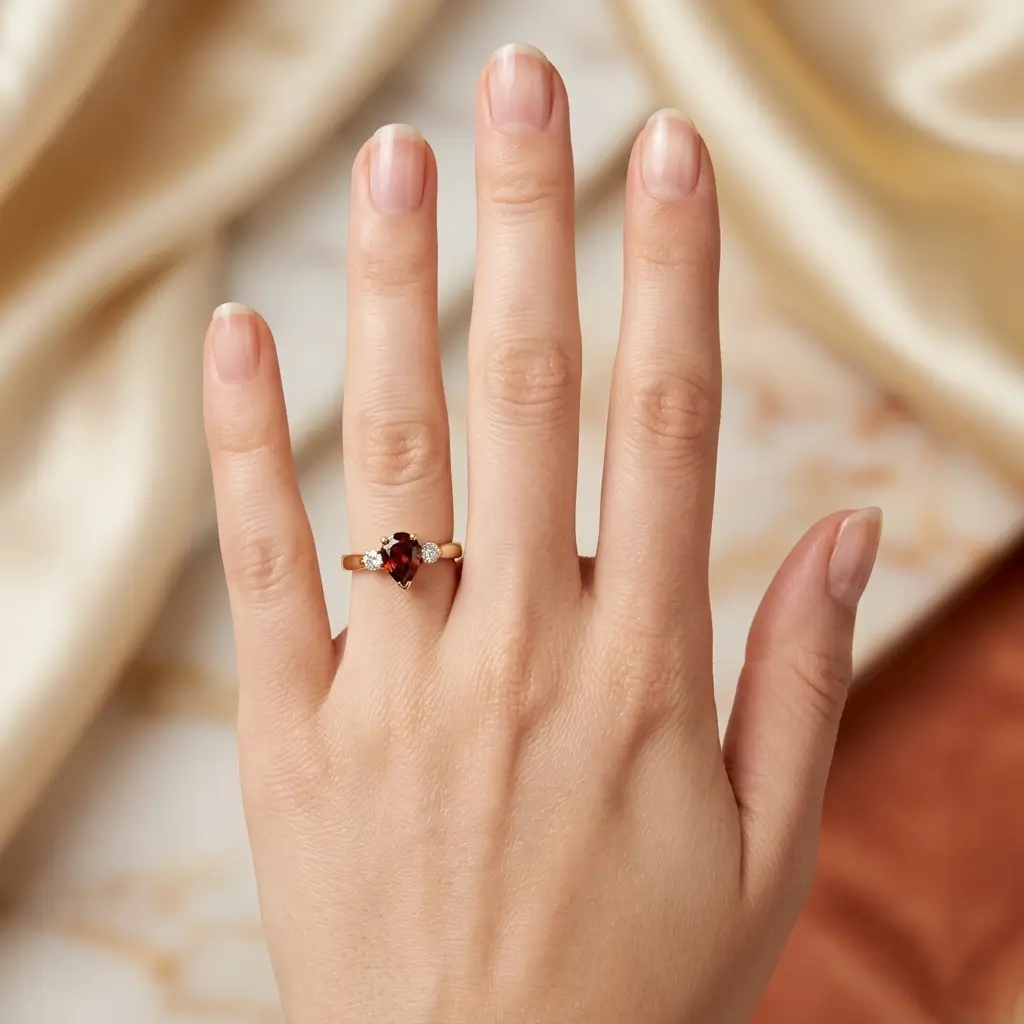 18ct yellow gold ladies red sapphire & diamond designer trilogy ring