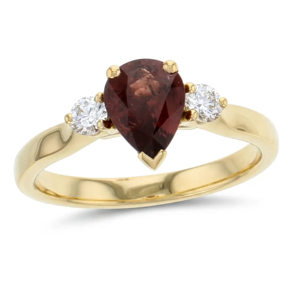 18ct yellow gold ladies red sapphire & diamond designer trilogy ring