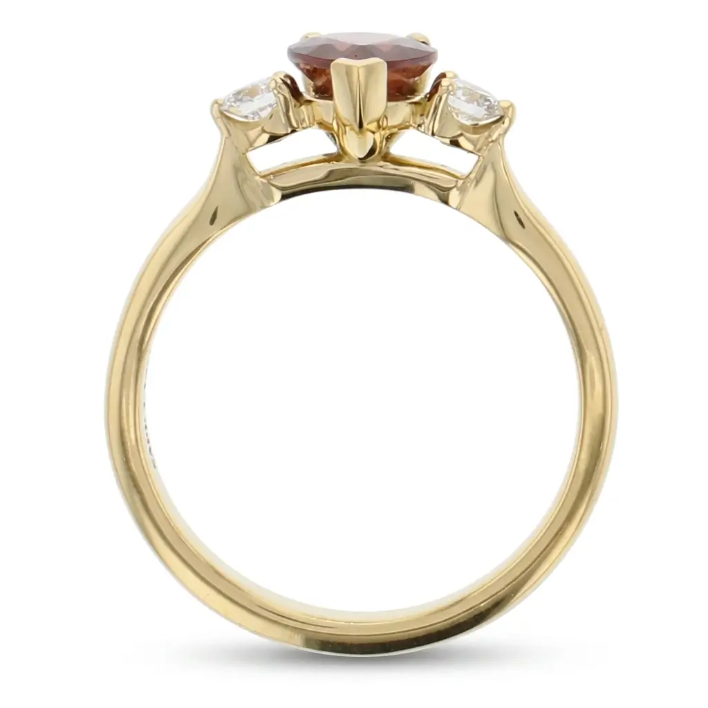 18ct yellow gold ladies red sapphire & diamond designer trilogy ring